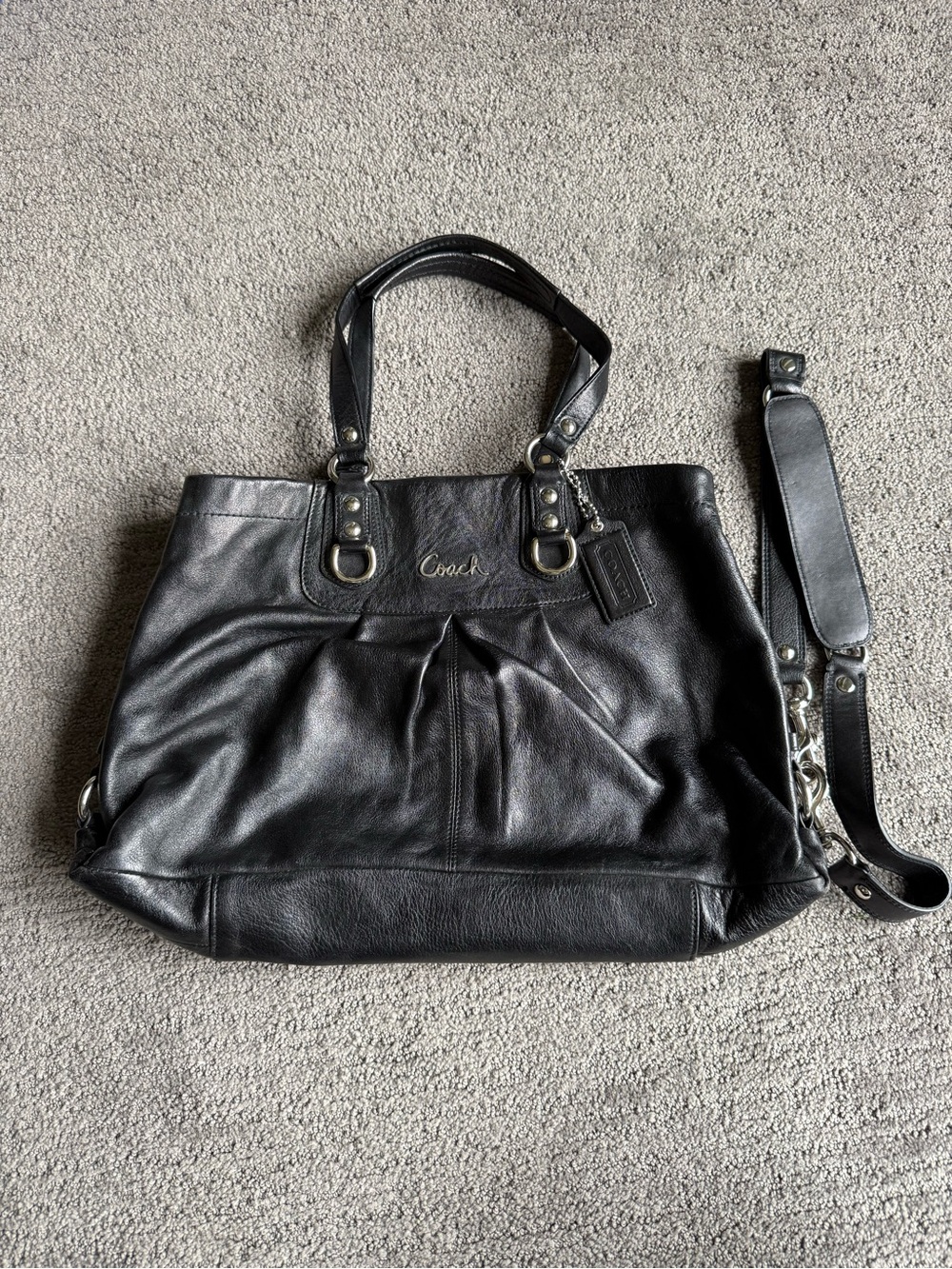 Coach Black Leather Pleated Tote with Detachable Strap